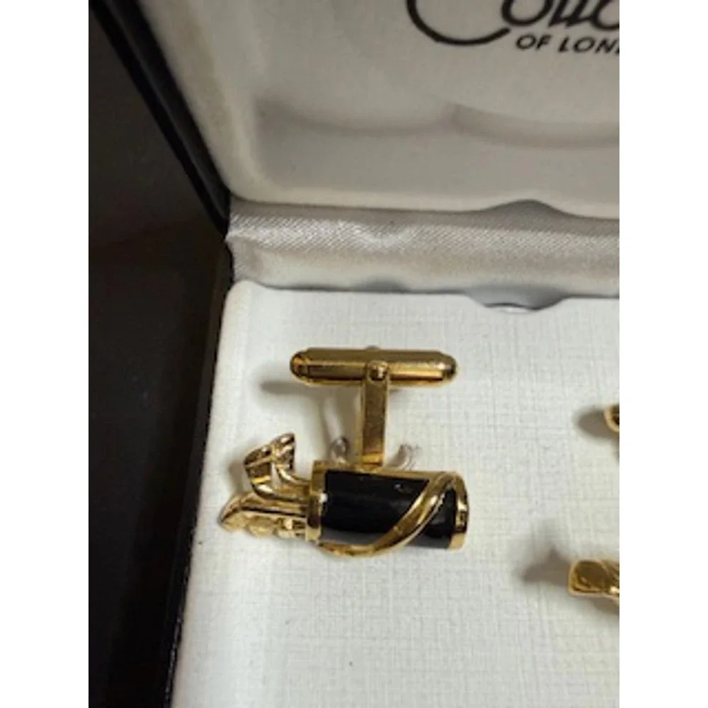 Vintage‎ Colibri of London Golf Bag Cufflinks - Gold Tone and Black Onyx NEW NOS